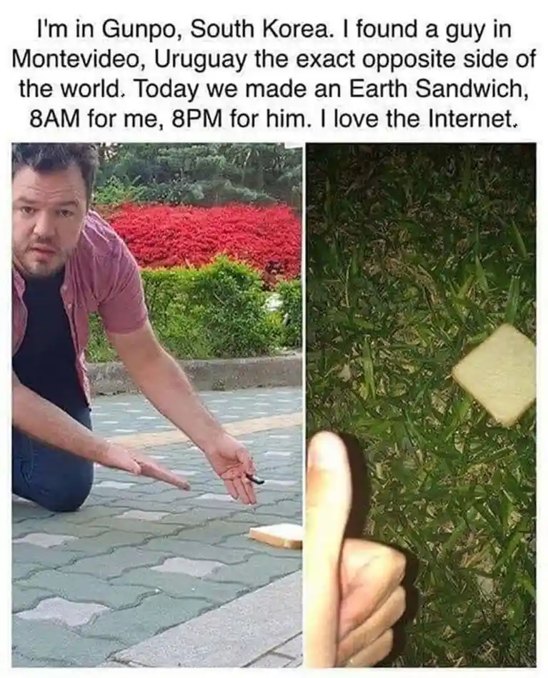 The image is split into two panels. Left: A man kneels on a paved path, holding a small black object over a slice of bread…