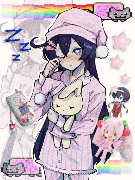 An anime girl in pink pajamas and a matching hat holds a sleepy-looking plush rabbit, with 'zzz' text above her head…