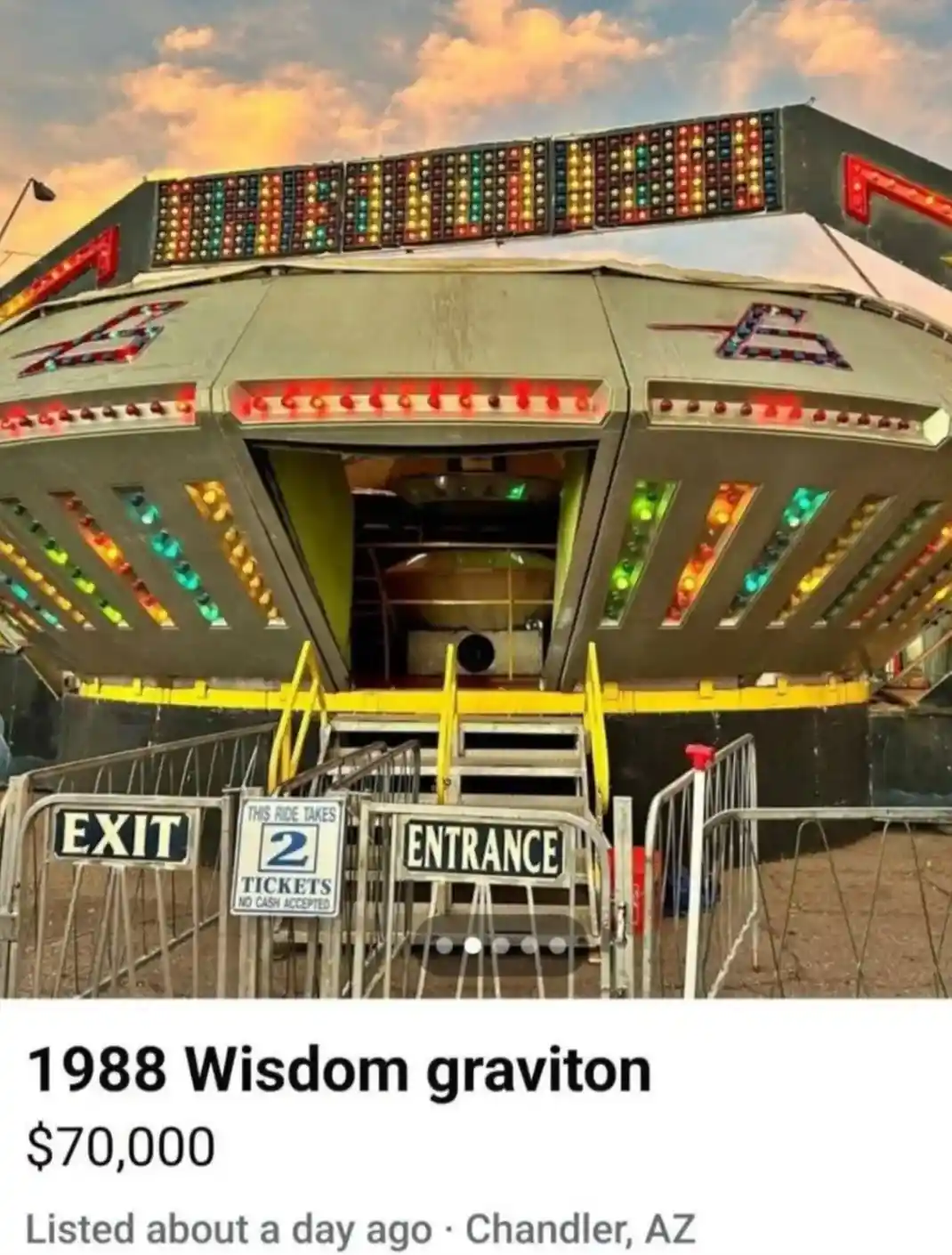 A photo of a large, retro-style carnival ride with colorful lights and an open entrance/exit area, overlaid with text that…