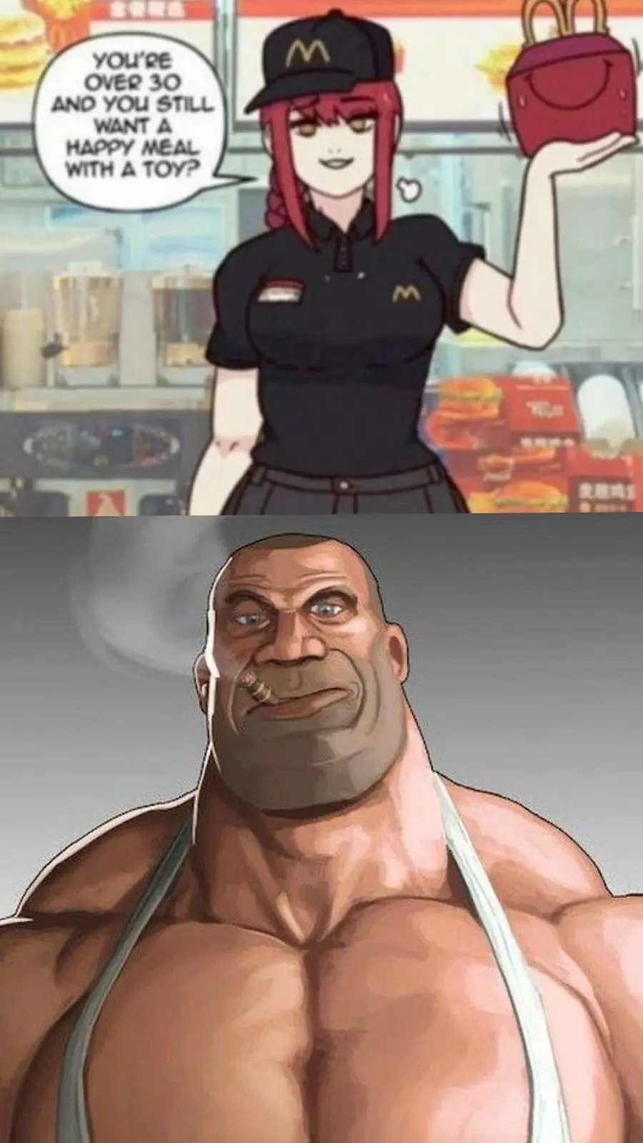 The top panel shows an anime-style McDonald's employee with red hair holding up a Happy Meal toy, speaking to a customer…
