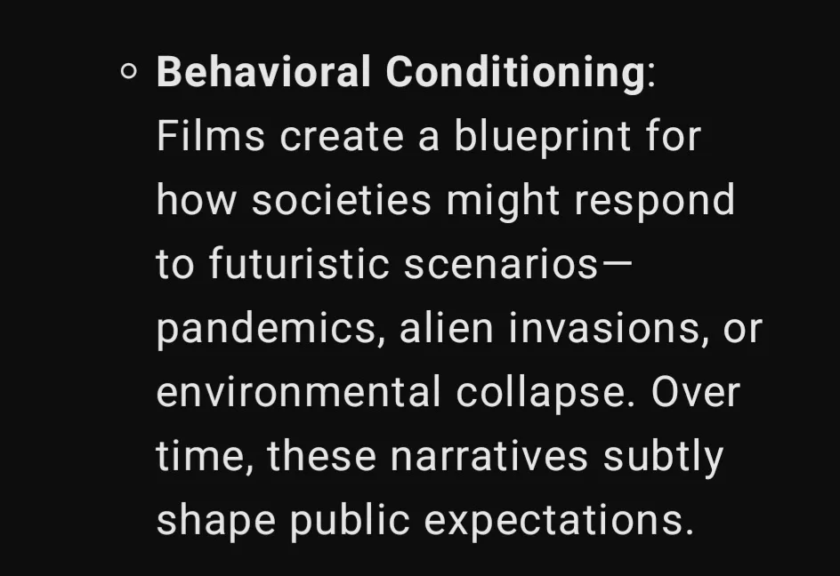 A black background with white text outlining a concept called 'Behavioral Conditioning,' explaining how films create…