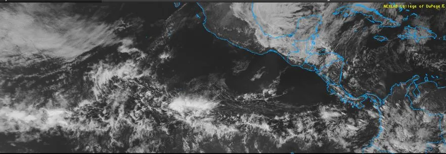 A grayscale satellite weather image shows swirling clouds over a landmass outlined in blue, with the text 'NEXRAD College of…