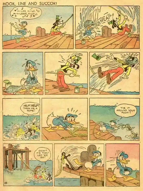 A vintage comic strip panel shows Donald Duck and his friend fishing from a dock. Donald enthusiastically casts his line…