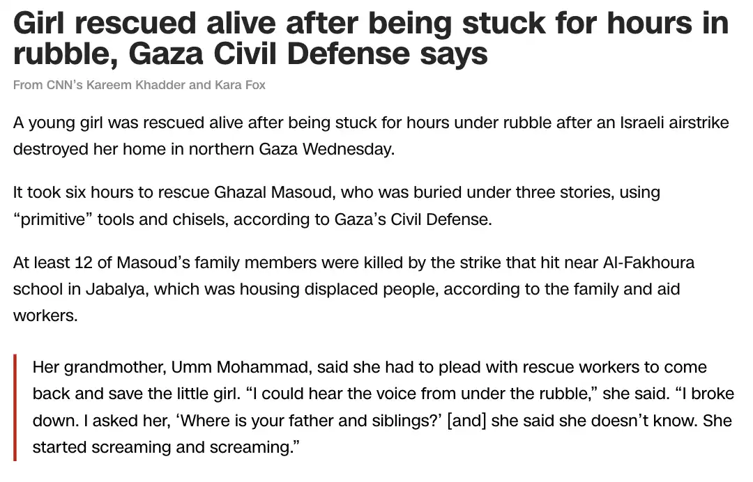 The image displays a screenshot of a CNN news article detailing the rescue of a young girl, Ghazal Masoud, from rubble after…