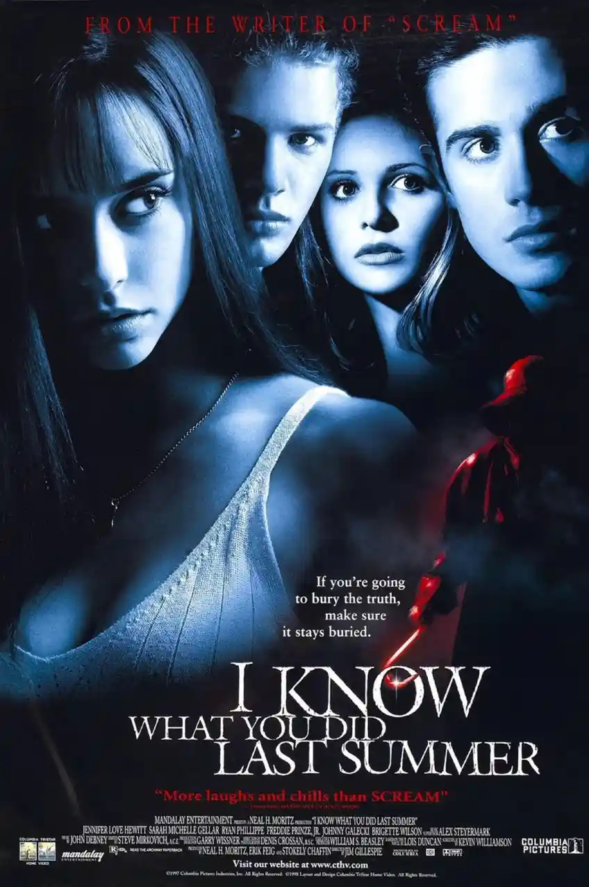 A movie poster for 'I Know What You Did Last Summer' featuring four young adults with serious expressions against a dark…