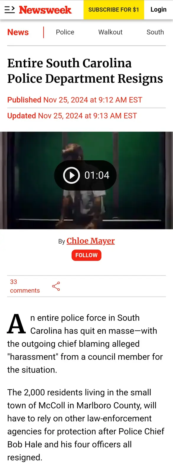 A screenshot of a Newsweek article with the headline 'Entire South Carolina Police Department Resigns,' published on Nov 25…