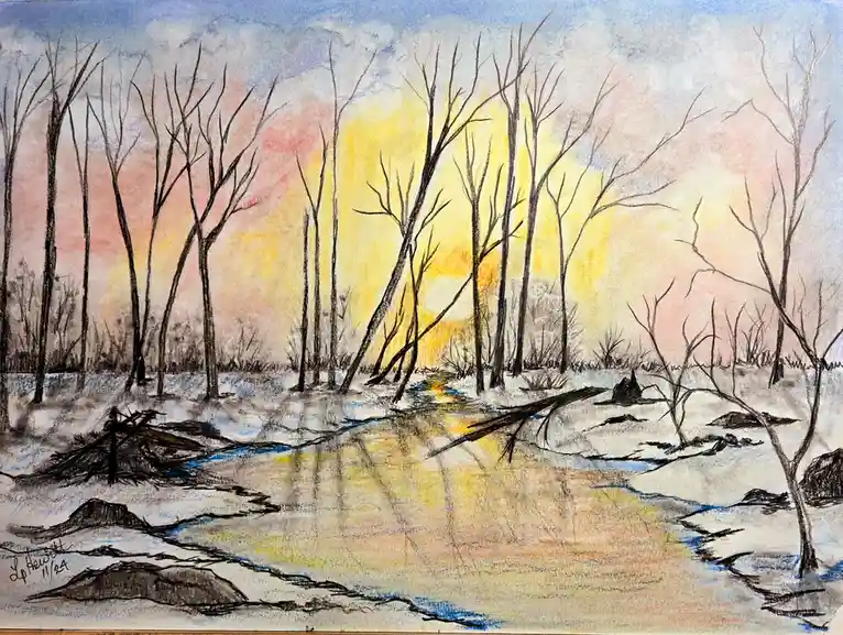 A watercolor and pencil drawing depicts a serene winter scene with bare trees, snow-covered ground, and a partially frozen…