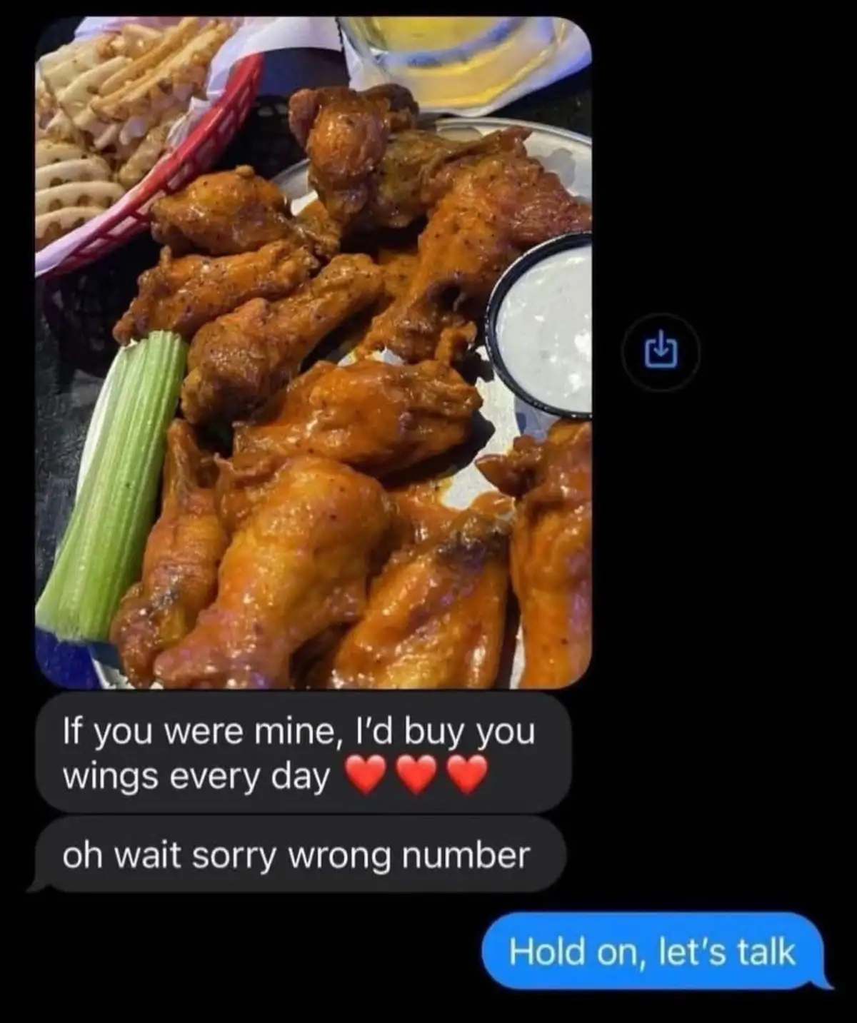 A photo of a plate of buffalo wings with celery and ranch dressing, overlaid with a text conversation. The first message…