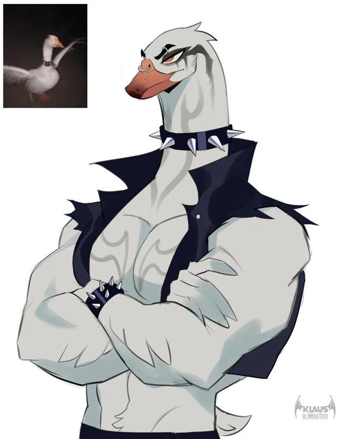A muscular, anthropomorphic goose with an angry expression, wearing a spiked collar and jacket, stands with arms crossed. In…
