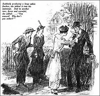 A vintage black-and-white illustration shows a woman in a white dress jabbing a large white feather into a man's waistcoat…