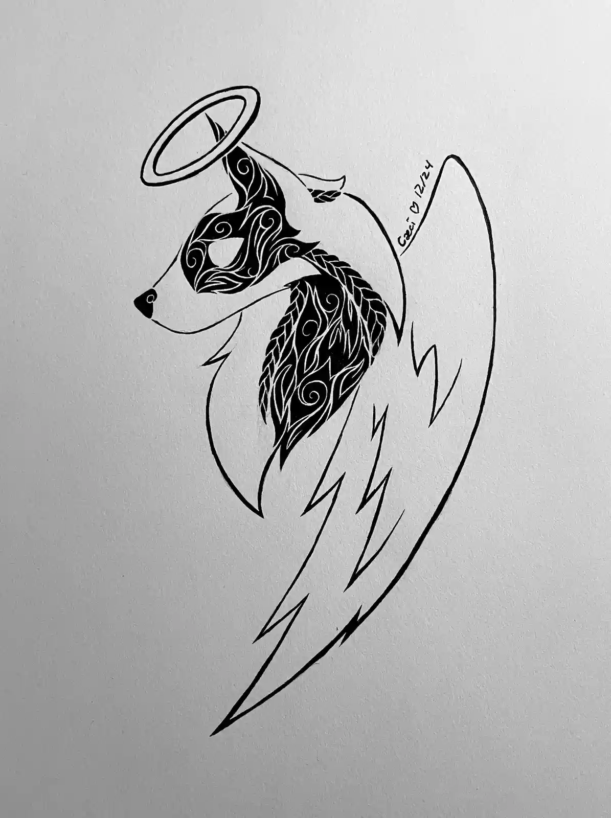 A black and white line drawing of a wolf's head adorned with an angelic halo and large, feathered wings, featuring intricate…