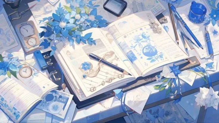 An anime-style illustration of a cluttered desk with blue flowers, open notebooks, pens, and clocks, overlaid with the text…