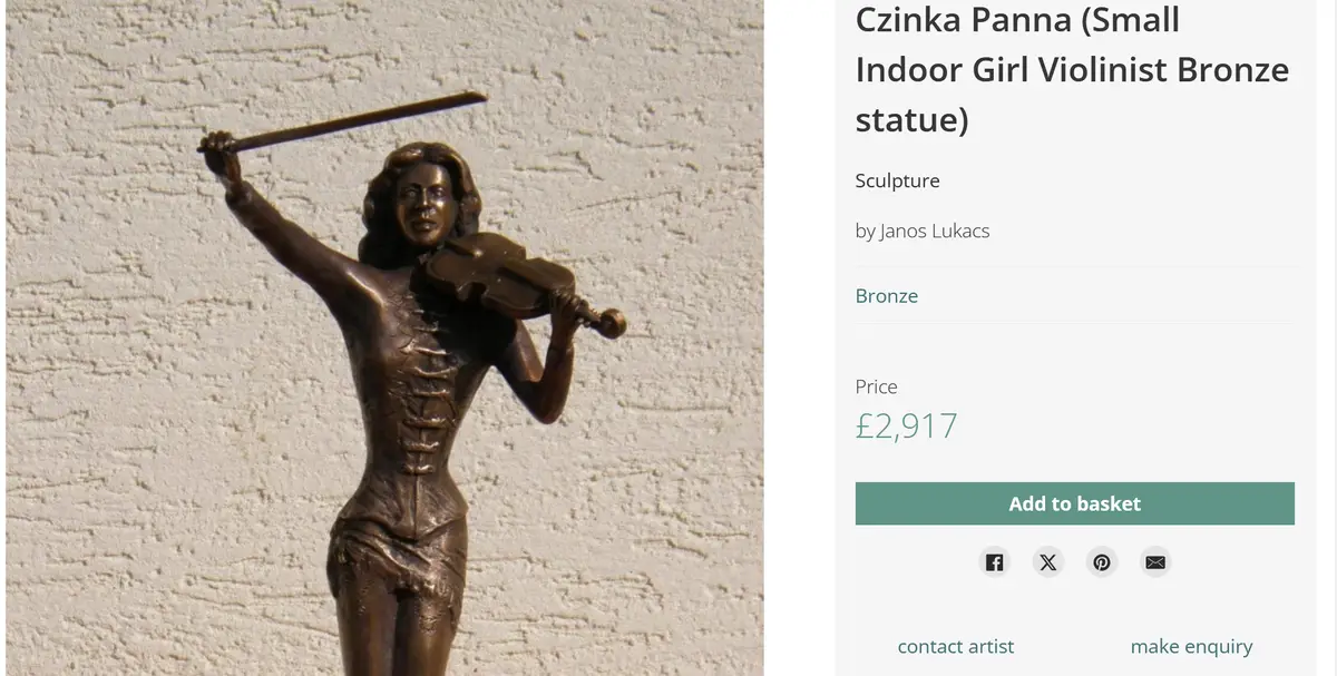 A bronze statue of a girl playing violin with a raised baton, displayed on a textured wall next to an online listing that…