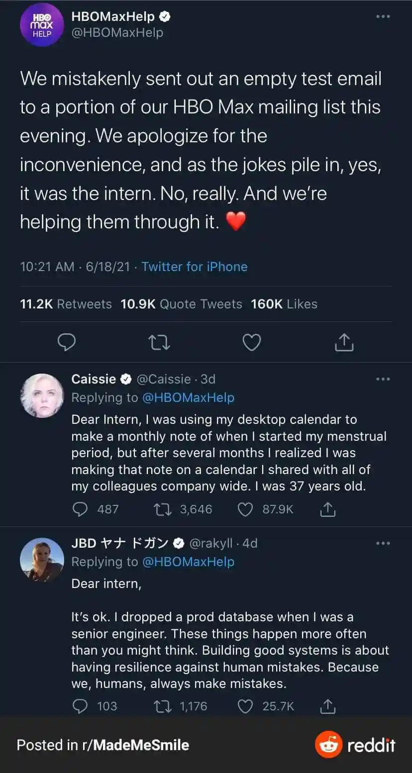 A screenshot of an HBO Max Help Twitter post apologizing for sending an empty test email to a portion of their mailing list…