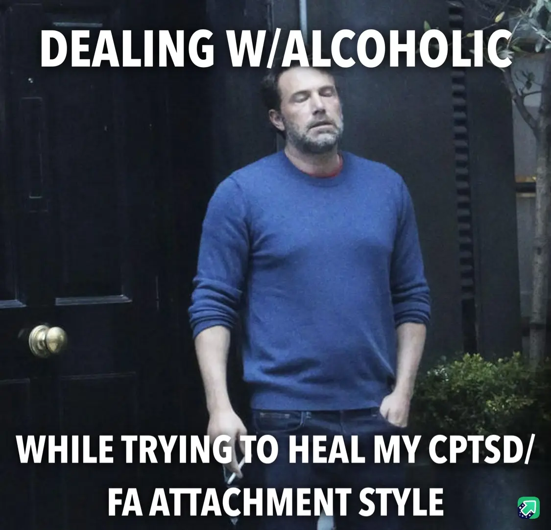 A man in a blue sweater stands outside a dark door with his eyes closed and head tilted, looking exhausted. The text…
