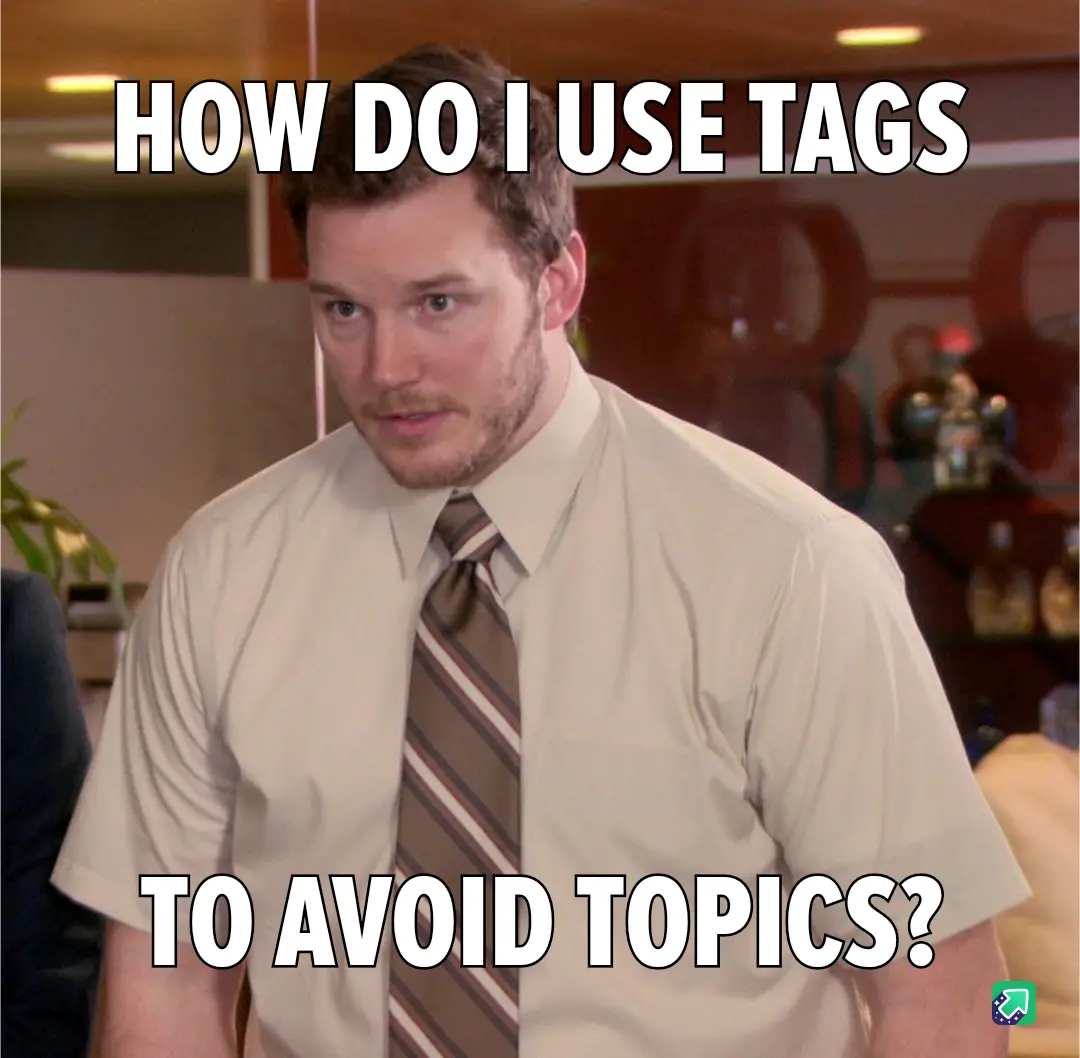 A man in a beige shirt and striped tie looks confused and slightly concerned, with bold white text overlaid at the top…