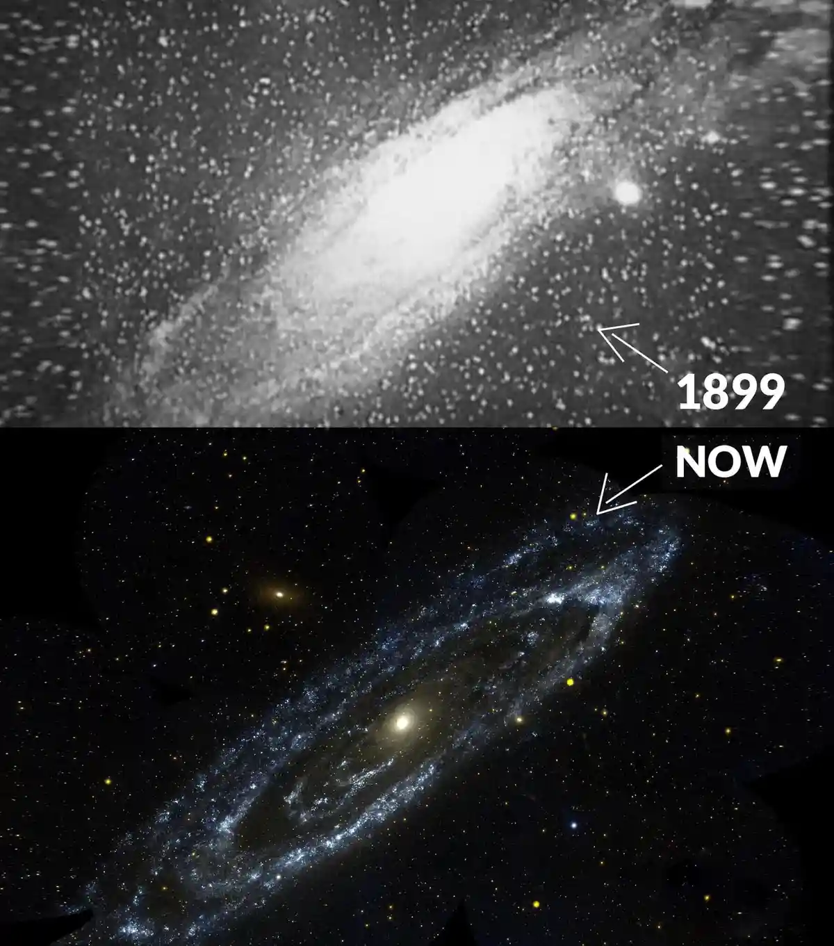 The image displays two contrasting astronomical photographs of the same galaxy, split horizontally. The top panel, labeled…