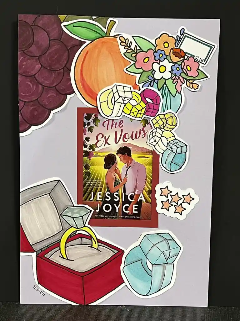 A collage of colorful stickers surrounds a book cover for 'The Ex Vows' by Jessica Joyce, featuring romantic imagery. The…