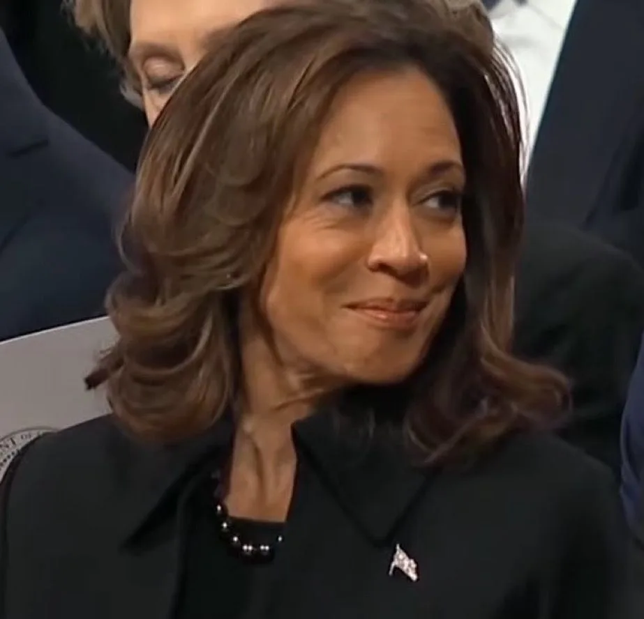 a close-up of kamala harris smiling subtly while looking to her right, wearing a black suit with a small american flag pin…