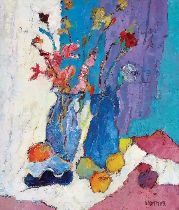 A colorful, textured oil painting depicts two blue vases with flowers and scattered fruit on a white cloth against a vibrant…