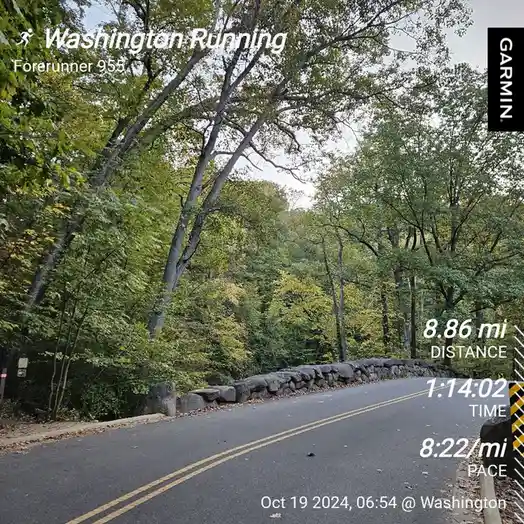 A screenshot from a Garmin Forerunner 955 running watch displays a trail run in Washington on October 19, 2024, at 6:54 AM…