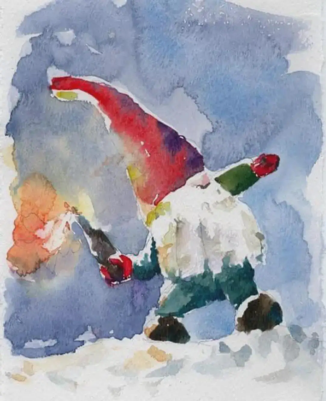 A watercolor painting depicts a snow-covered gnome with a red hat and green pants, bent over and seemingly struggling to…