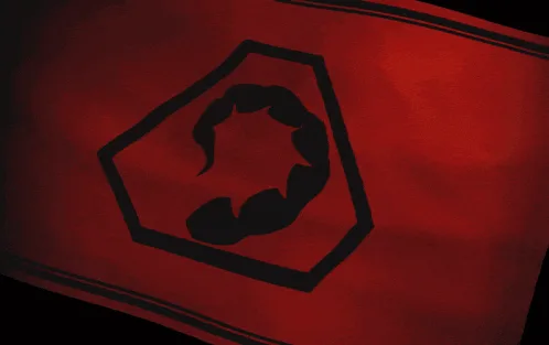 The image displays two rows of three identical red flags each, featuring a black pentagon with a black stylized symbol…