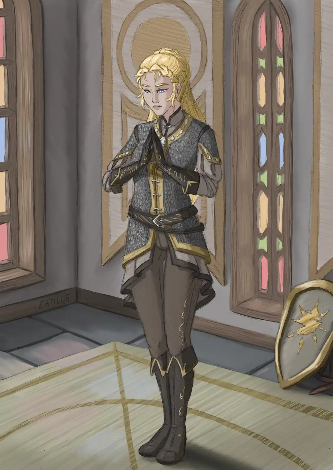 A blonde-haired female character in ornate grey and gold armor stands in a room with stained glass windows and a shield…