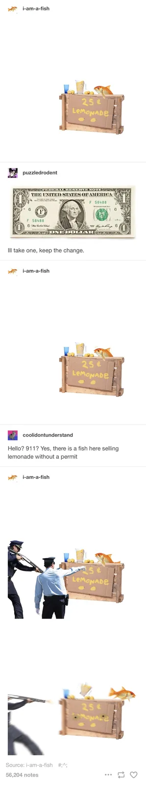 A goldfish sits atop a wooden lemonade stand with a cardboard sign reading '25¢ LEMONADE'. A user comments that they'll take…