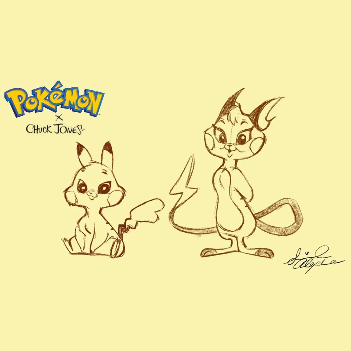 A sepia-toned sketch shows Pikachu and a stylized, cat-like Pokémon with horns and a lightning bolt tail, both drawn in a…