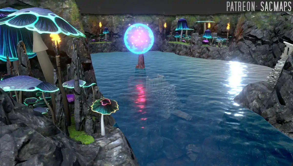 A screenshot from a video game shows a mystical, glowing blue orb floating on a body of water surrounded by large, colorful…
