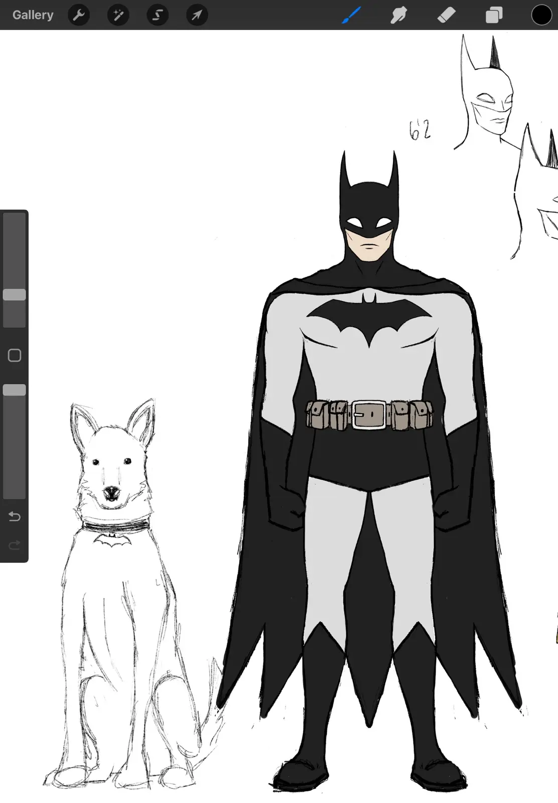 A digital drawing shows a full-body Batman character standing next to a sketch of a white dog. The dog has a small bat…