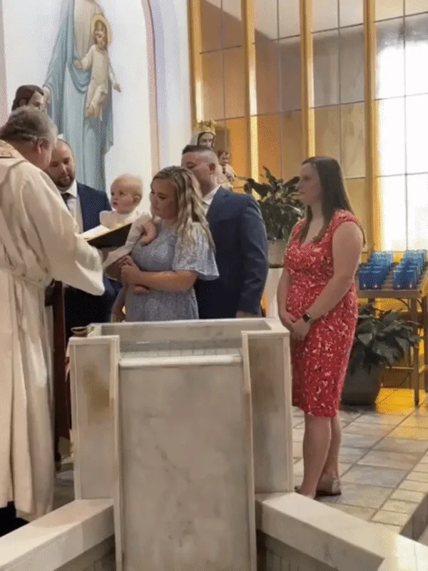 A six-panel meme collage shows a church baptism ceremony where a woman in a red dress stands beside a priest holding a baby…