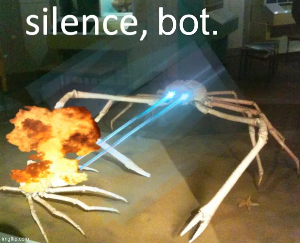 A museum exhibit displays two large, preserved crab-like creatures, one of which is digitally edited to shoot blue laser…