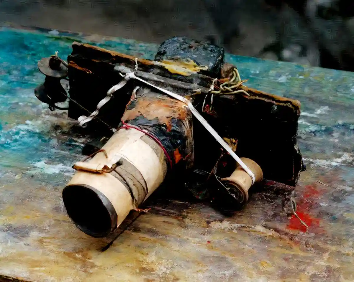 A heavily damaged, rusted, and patched-up camera lies on a textured, painterly surface resembling water and earth. The…