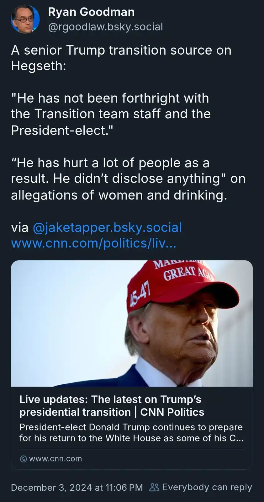 A screenshot of a social media post by Ryan Goodman featuring a quote attributed to a senior Trump transition source about…