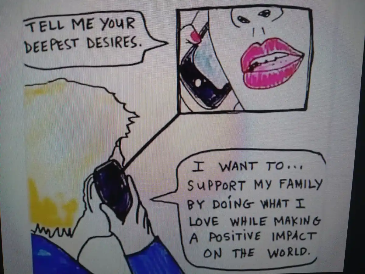 A hand-drawn comic panel shows a person holding a phone to their ear, with a speech bubble saying 'TELL ME YOUR DEEPEST…