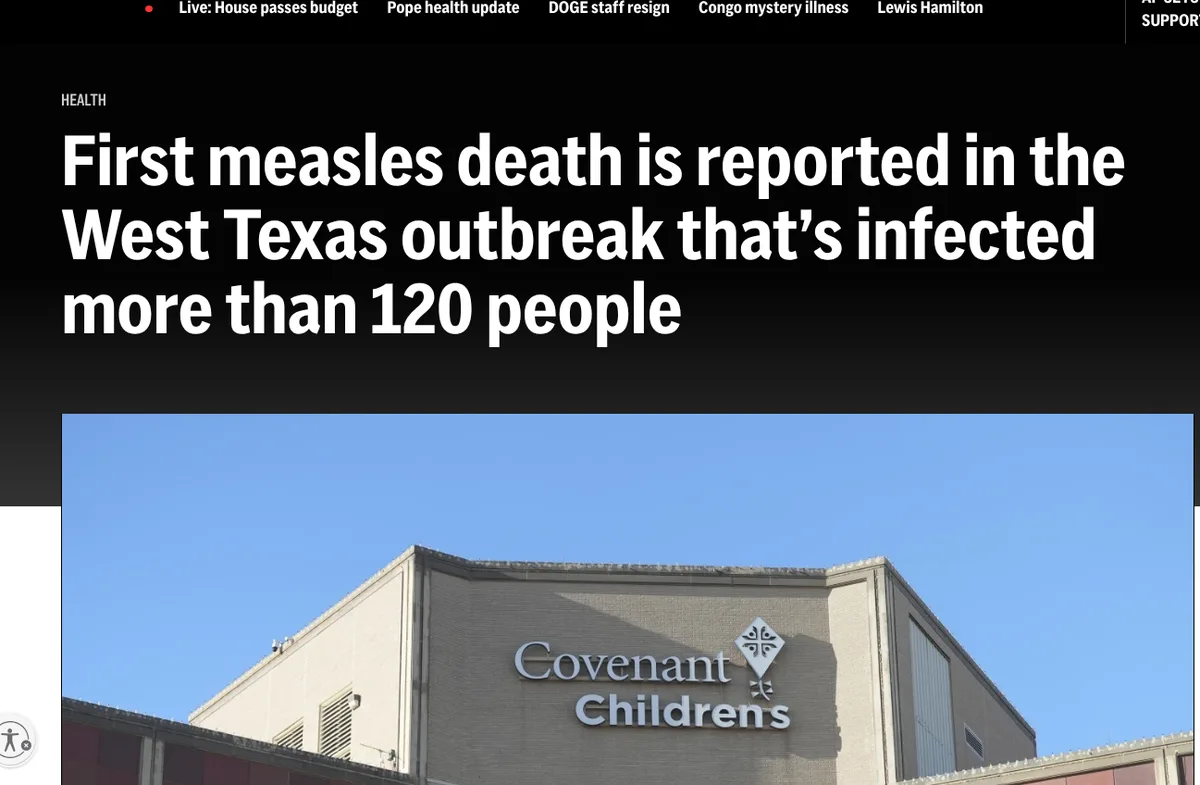 A screenshot of a news article headline about a measles death in West Texas, overlaid on a photo of the Covenant Children's…