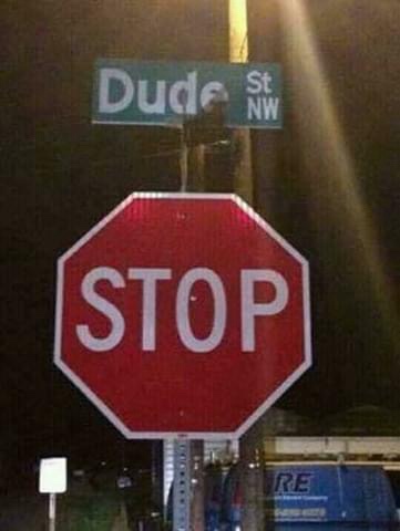 A nighttime photo shows a red octagonal stop sign below a green street sign that reads 'Dude St NW'. The image is taken from…