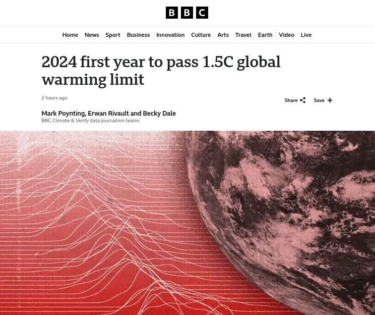 A BBC news article screenshot with a red background and a partial view of Earth, featuring the headline '2024 first year to…