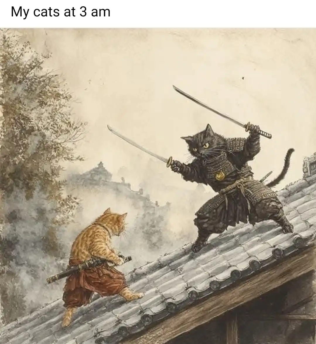 An illustration depicts two cats in samurai armor standing on a tiled roof, one black cat wielding a katana in a combat…