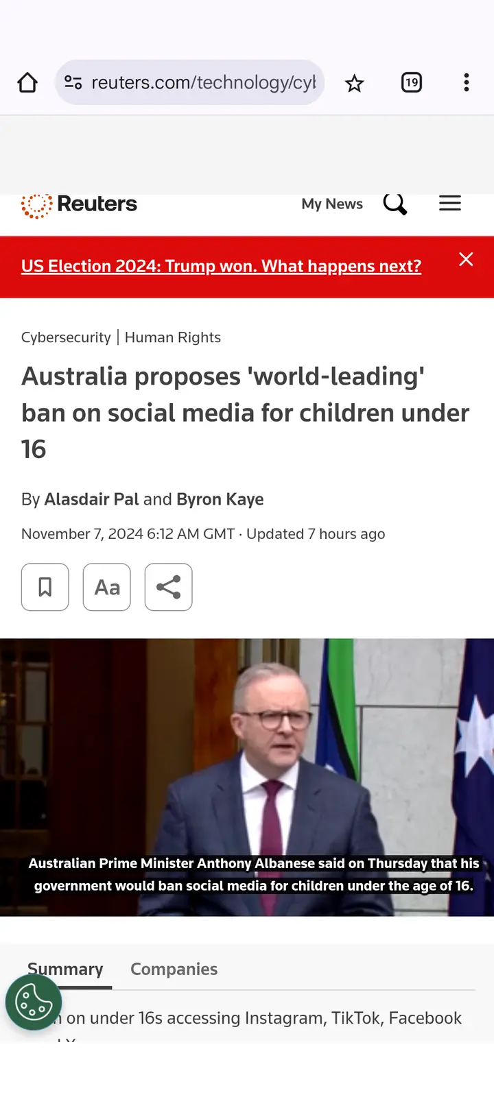 A screenshot of a Reuters news article about Australia proposing a social media ban for children under 16, overlaid with the…