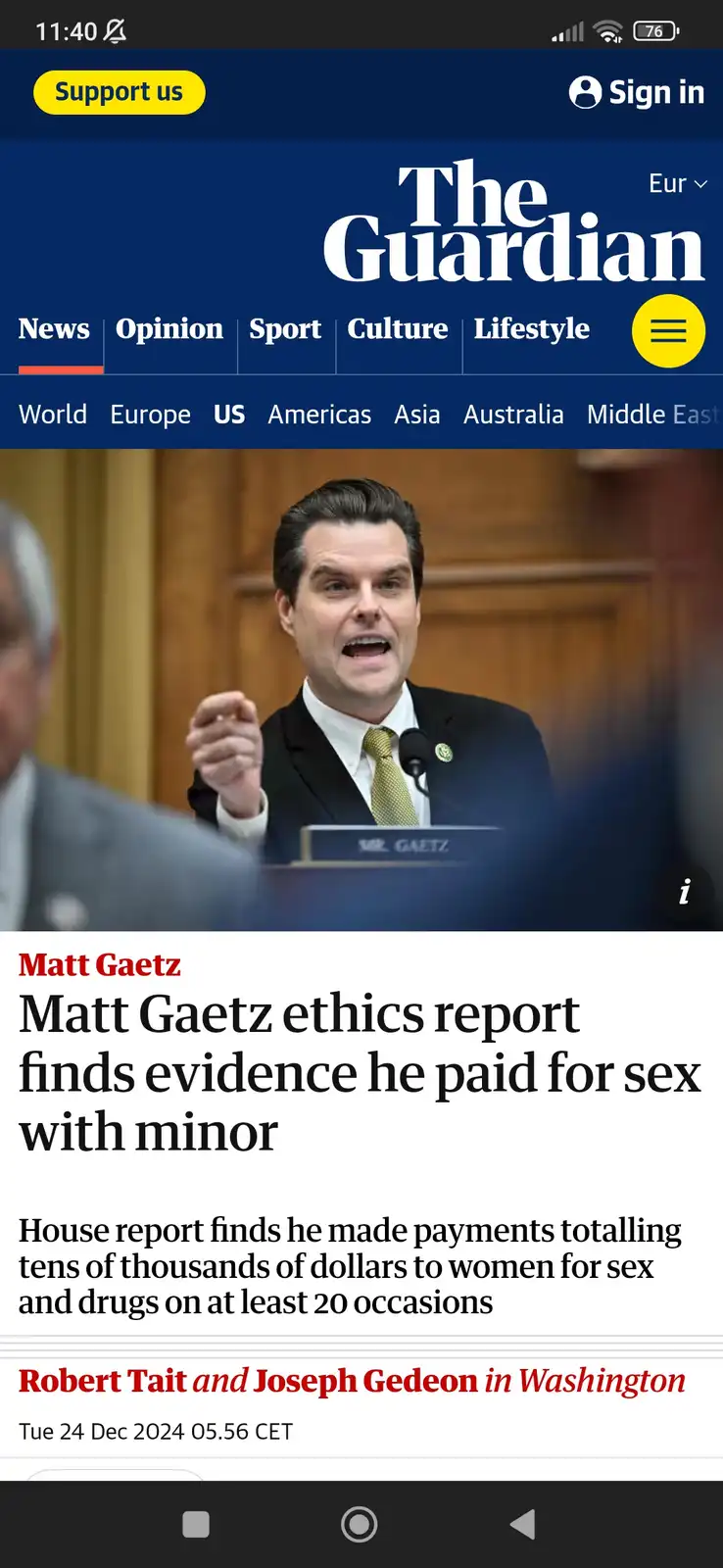 A screenshot of The Guardian's news article about Matt Gaetz, showing him speaking passionately at a podium. The headline…