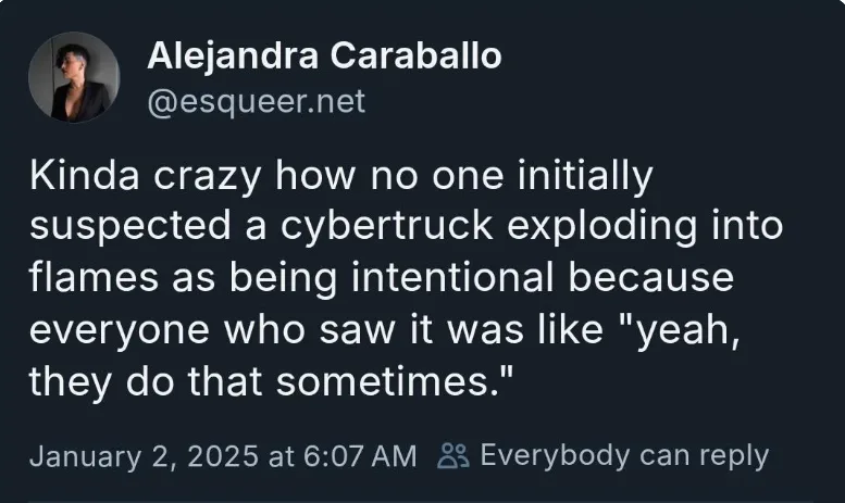 A screenshot of a tweet by Alejandra Caraballo (@esqueer.net) from January 2, 2025, at 6:07 AM. The tweet reads: 'Kinda…
