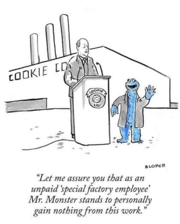 A black-and-white cartoon shows a man in a suit speaking at a podium labeled 'COOKIE CO.' beside a factory building. Beside…