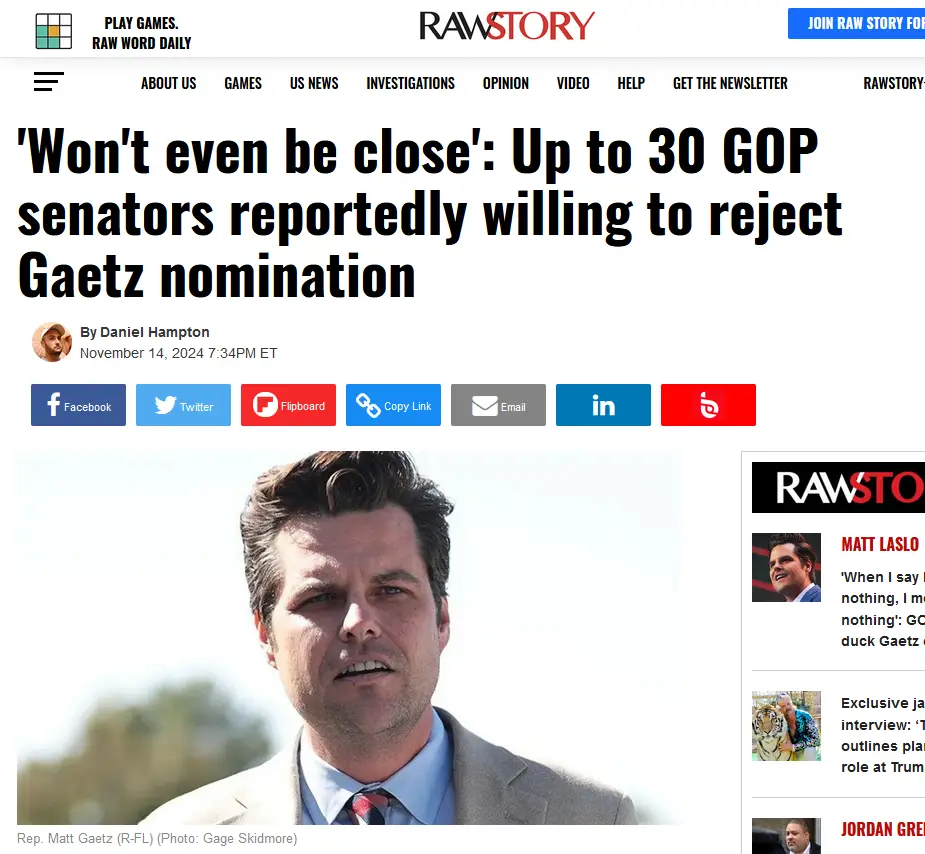 A screenshot of a Raw Story news article headline about GOP senators rejecting Matt Gaetz's nomination, featuring a photo of…