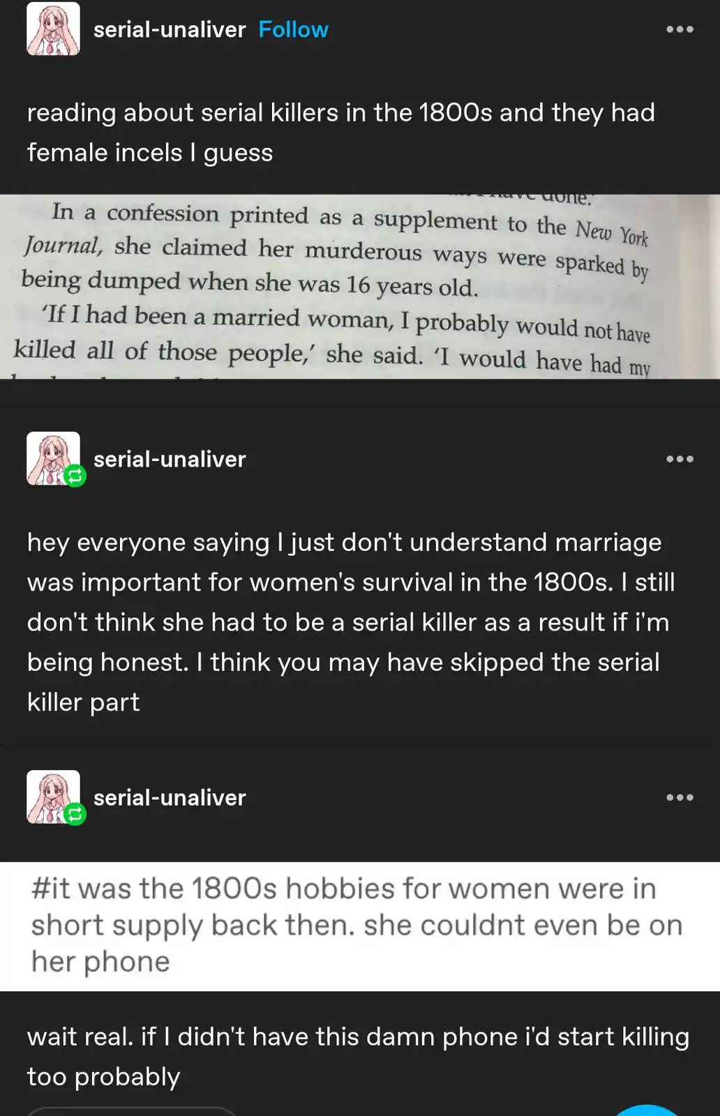 A screenshot of a social media thread where a user jokes about a female serial killer from the 1800s, then sarcastically…