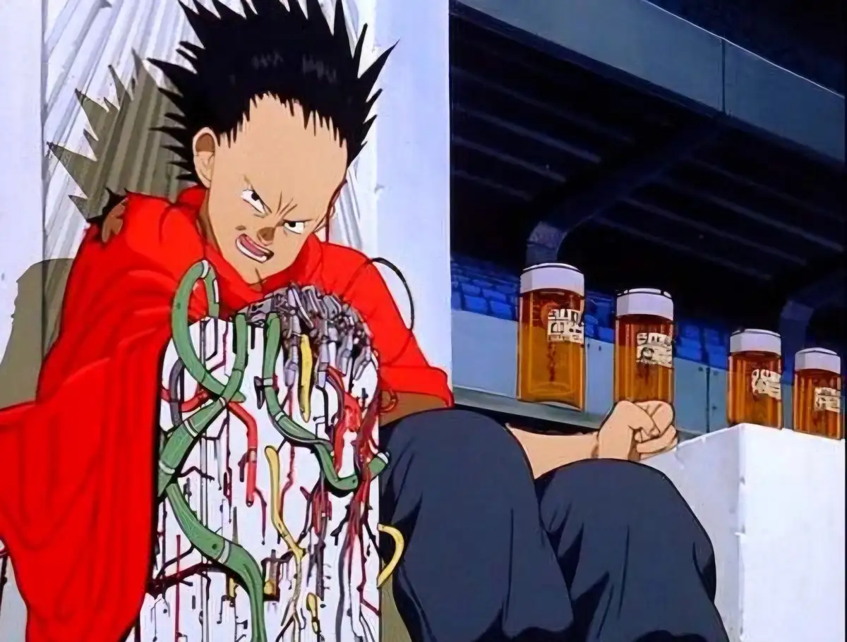 An anime character with spiky black hair and a red cape sits slumped against a wall, his torso exposed to reveal a chaotic…