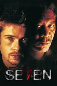 The image is a promotional poster for the 1995 film 'Se7en', featuring two male actors, Brad Pitt and Morgan Freeman, with…