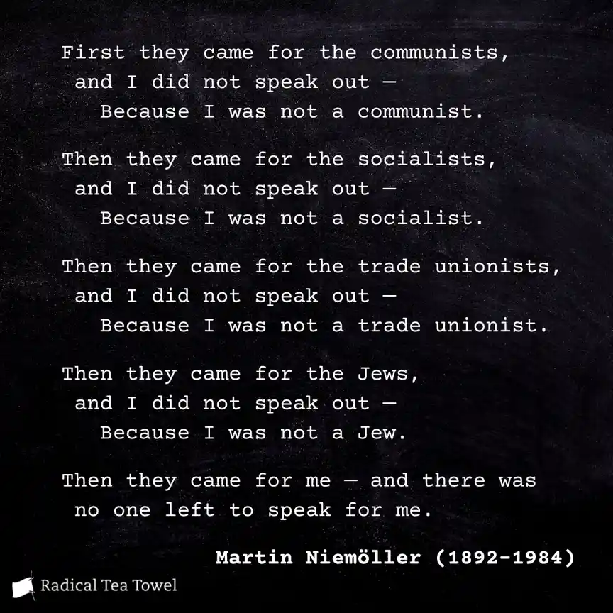 The image displays white text on a dark, textured background resembling a chalkboard. The text is Martin Niemöller's famous…